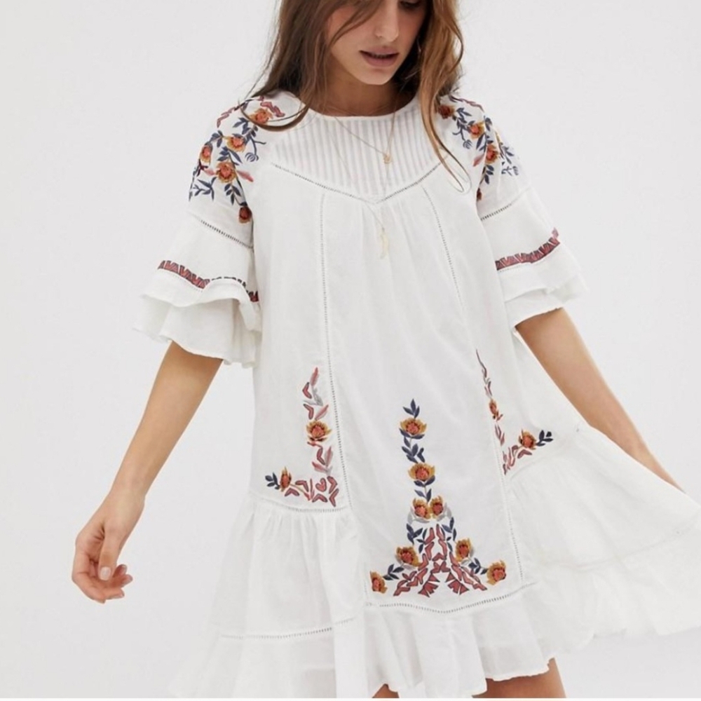 Free People Ivory Floral Embroidered Dress